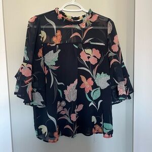Anthropologie Monteau Women's Navy Floral Rouched Sleeve Blouse Sz L
